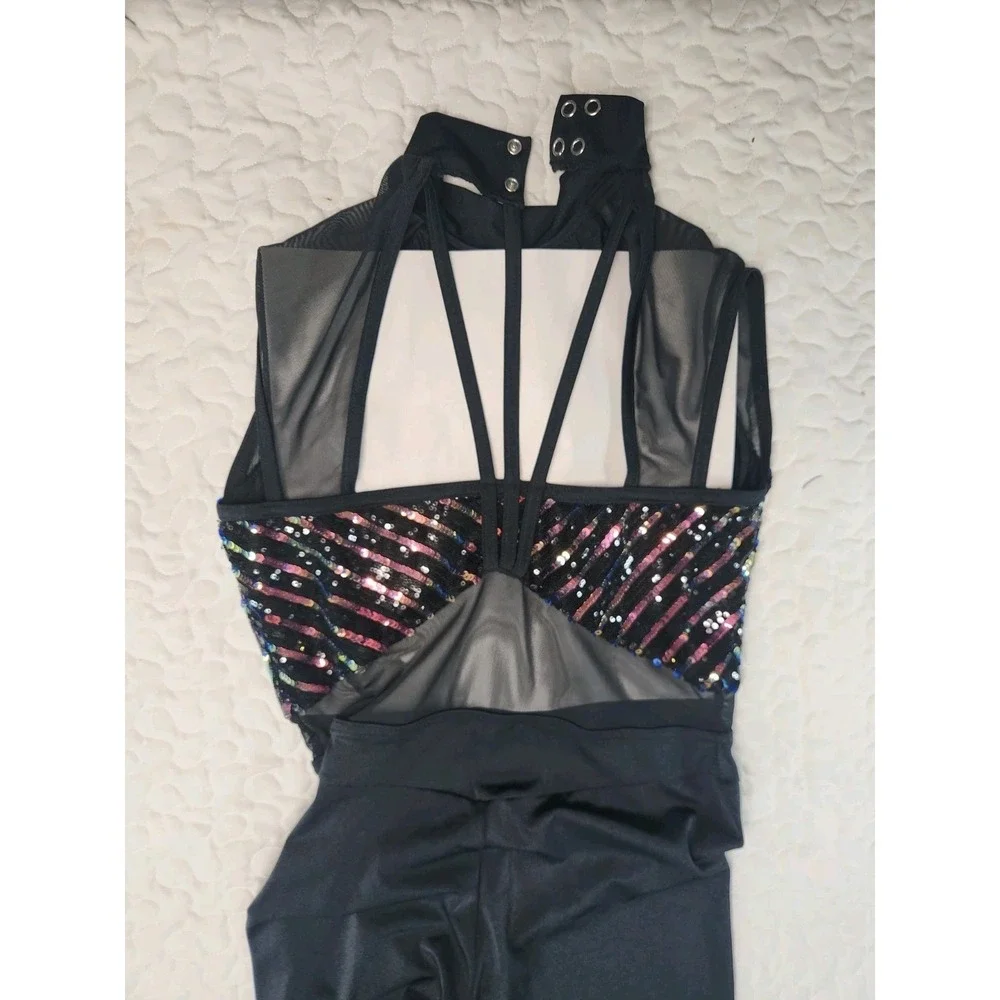 New XLC WEISSMAN Dance Costume Long Unitard Hit Me Hot Note 13784 Black Sequins